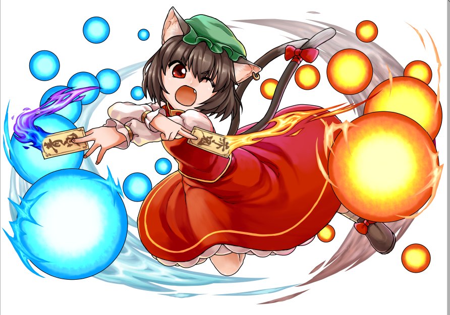 animal_ears bow brown_hair cat_ears cat_girl cat_tail chen commentary_request danmaku dress energy_ball fang full_body hat jewelry juliet_sleeves long_sleeves looking_at_viewer mob_cap multiple_tails nekomata ofuda one_eye_closed open_mouth phenne puffy_sleeves red_bow red_dress red_eyes short_hair single_earring solo tail tail_bow touhou two_tails white_background