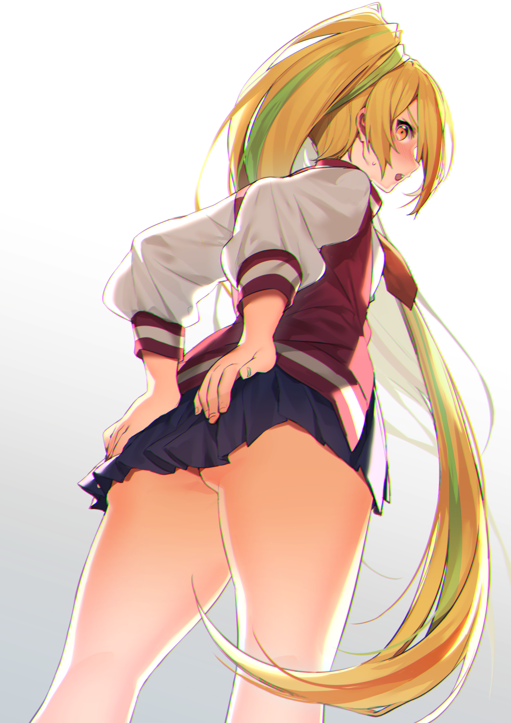 1girl ass bangs blonde_hair blush commentary_request covering covering_ass cowboy_shot from_behind from_below gradient gradient_background hair_over_one_eye hand_on_own_ass high_ponytail highres itohana jacket legs letterman_jacket long_hair looking_at_viewer multicolored_hair nikaidou_saki nose_blush open open_mouth pleated_skirt ponytail red_eyes red_jacket skirt streaked_hair sweatdrop thighs very_long_hair zombie_land_saga