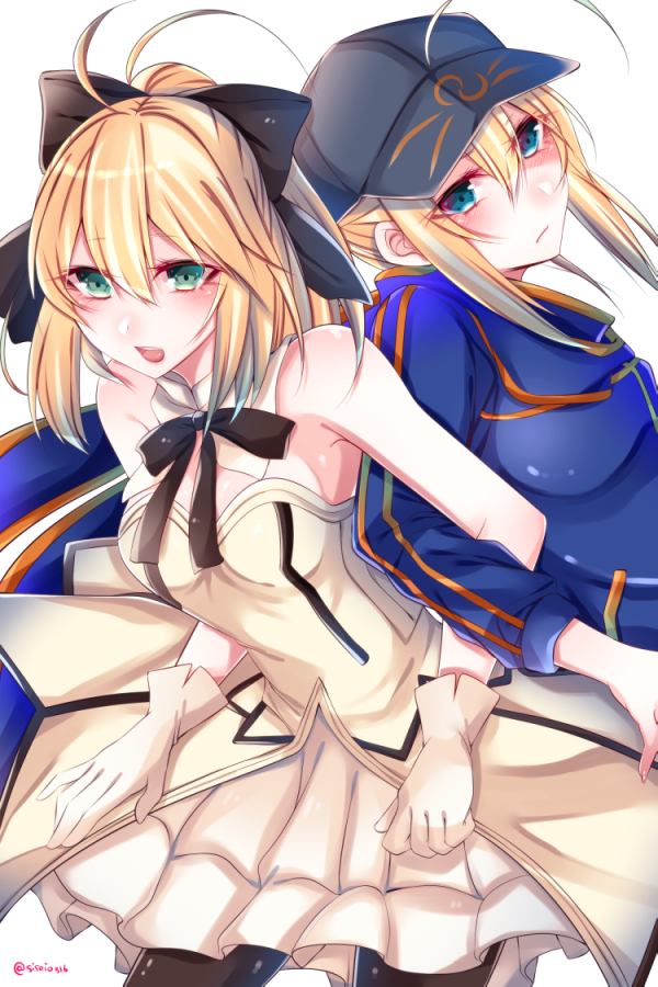 ahoge artoria_pendragon_(all) back-to-back baseball_cap blonde_hair blue_eyes dress fate/grand_order fate/stay_night fate/unlimited_codes fate_(series) gloves green_eyes hat jacket locked_arms multiple_girls mysterious_heroine_x pantyhose ponytail rojiura_satsuki:_chapter_heroine_sanctuary saber_lily scarf shisei_(kyuushoku_banchou) sleeveless track_jacket