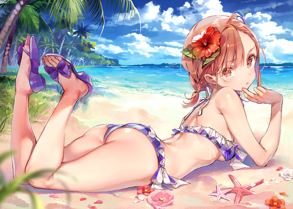 ahoge ass bare_shoulders beach bikini blue_sky breasts brown_eyes brown_hair cloud commentary_request day dsmile feet flower frilled_bikini frills from_behind hair_flower hair_ornament hair_tie looking_at_viewer looking_back lying misaka_mikoto ocean on_stomach outdoors palm_tree plaid sand sandals shiny shiny_hair shiny_skin short_hair sky small_breasts solo spiked_hair swimsuit the_pose to_aru_kagaku_no_railgun to_aru_majutsu_no_index tree water