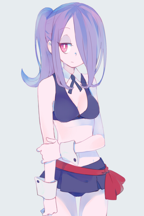 1girl adapted_costume alternate_costume arm_grab bare_shoulders breasts cleavage grey_background hair_over_one_eye little_witch_academia medium_breasts navel pale_skin ponytail purple_hair red_eyes solo sou_(tuhut) sucy_manbavaran wrist_cuffs