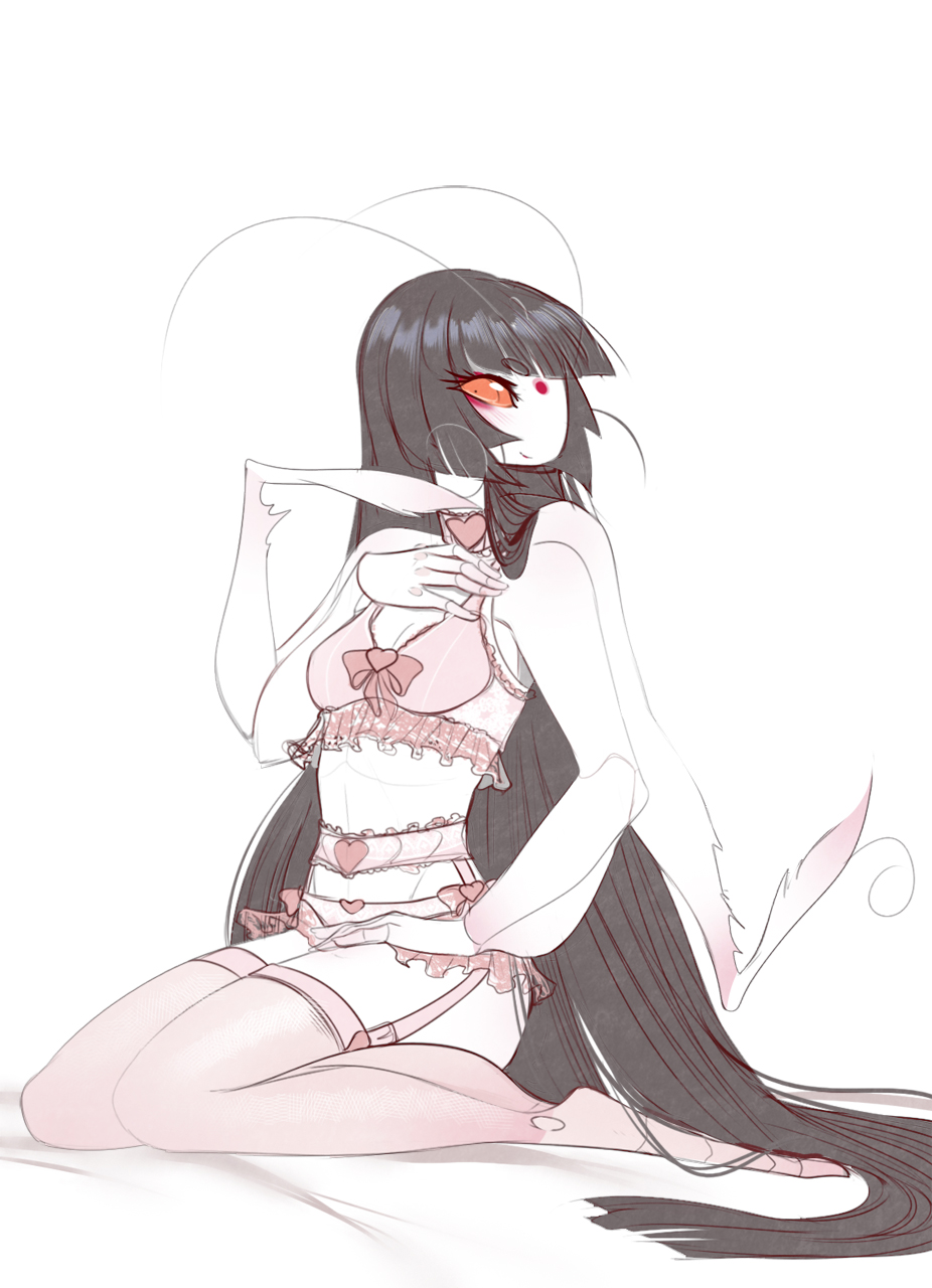 &lt;3 abstract_background antennae arthropod black_hair blade_under_mask blush breasts clothing collar cute eyelashes female frilly garter_straps hair insect insect_girl lingerie long_hair looking_at_viewer mantis nae nae_(blade_under_mask) original ribbons thighhighs underwear whitemantis wings