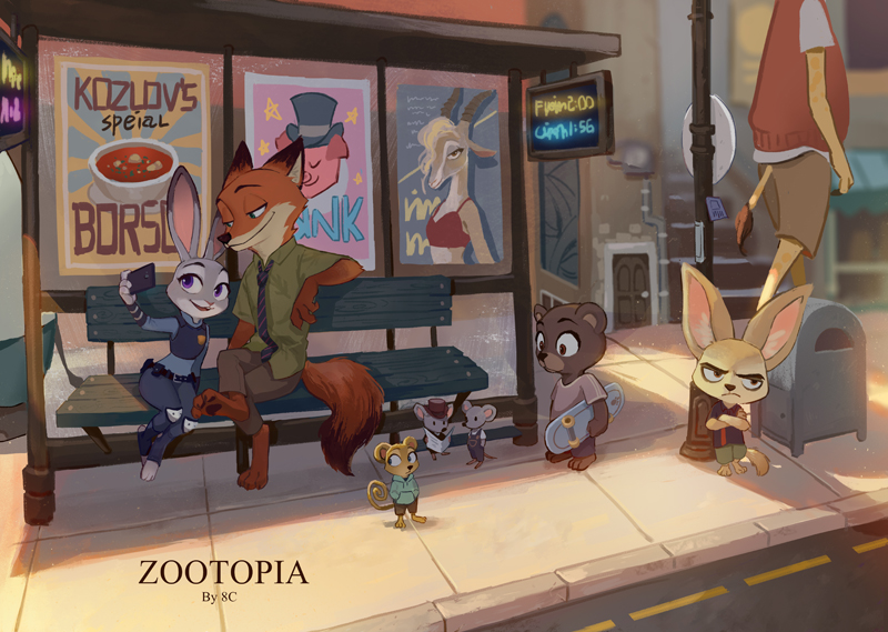 2016 8c_(artist) anthro barefoot bear brown_eyes buckteeth bus_stop canine child clothing crossed_arms crossed_legs digital_media_(artwork) dipstick_tail disney duo female fennec finnick fox frown fur giraffe green_eyes group judy_hopps lagomorph looking_back male mammal mouse multicolored_tail nick_wilde outside pawpads police_uniform poster purple_eyes rabbit rodent selfie size_difference skateboard smile teeth uniform young zootopia