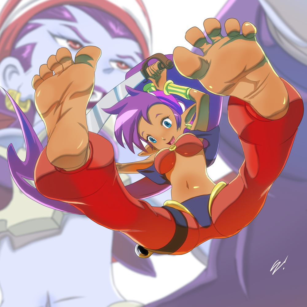2girls bandanna barefoot breasts cleavage feet looking_at_viewer multiple_girls navel purple_hair risky_boots scamwich shantae shantae_(character) shantae_and_the_pirate's_curse shantae_and_the_pirate's_curse soles spread_toes stomach toes