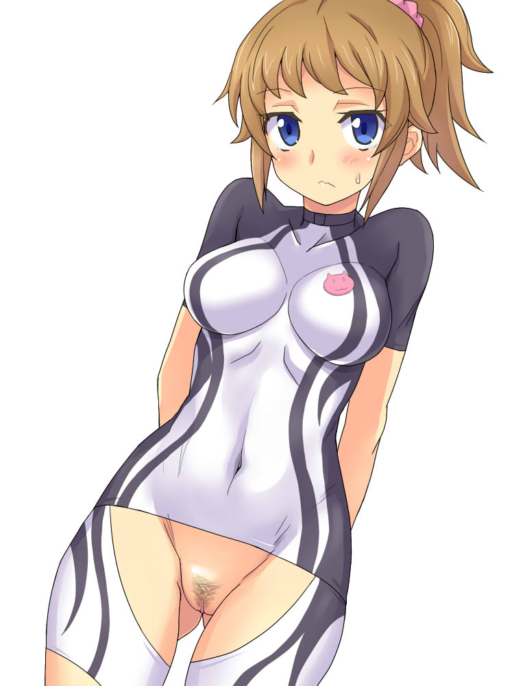 arms_behind_back blue_eyes blush bodysuit breasts brown_hair covered_navel cowboy_shot crotch_cutout eeeeee frown groin gundam gundam_build_fighters gundam_build_fighters_try hoshino_fumina impossible_clothes looking_at_viewer medium_breasts ponytail pubic_hair pussy short_hair solo sweatdrop white_background