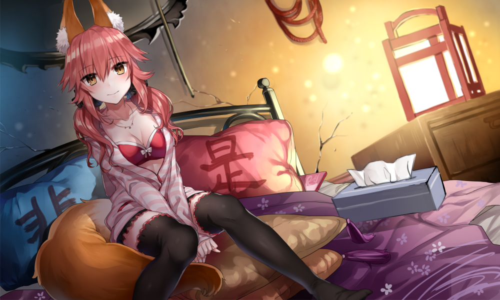 animal_ears bad_id bad_pixiv_id bed bed_sheet bedroom black_legwear blanket blush bow bow_bra bra breasts brown_eyes cleavage closed_mouth collarbone crevice dutch_angle eyebrows eyebrows_visible_through_hair fate/extra fate_(series) fox_ears hair_between_eyes horizontal_stripes indoors jewelry kanji lamp lantern light long_sleeves looking_at_viewer low_twintails medium_breasts necklace on_bed own_hands_together pendant pink_bow pink_hair pocket red_bra shirako_miso sitting sitting_on_bed sitting_on_pillow smile solo striped tamamo_(fate)_(all) tamamo_no_mae_(fate) tassel thighhighs tissue_box twintails underwear unzipped v_arms whip yes-no_pillow zettai_ryouiki zipper