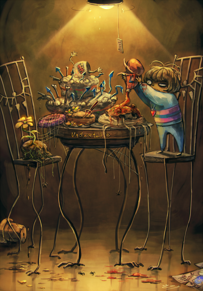 arms_up bone bug cake chair commentary copyright_name dirt doughnut flower flower_pot flowey_(undertale) fly food fork frisk_(undertale) heart heart_necklace insect jewelry ketchup ketchup_bottle koto_inari locket long_sleeves meatball mettaton necklace pasta pendant shaded_face silk skull spaghetti spaghetti_and_meatballs spider spider_web spikes standing_on_chair standing_on_object striped striped_sweater sweater table toriel undertale