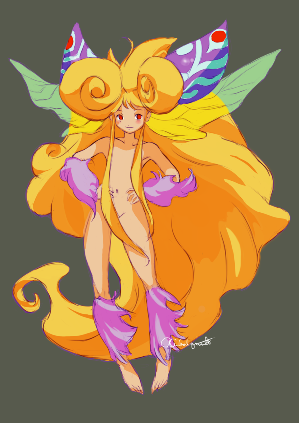 barefoot blush breath_of_fire breath_of_fire_iii fairy fairy_(breath_of_fire) full_body grey_background hair_censor long_hair nude orange_hair simple_background smile solo very_long_hair wings