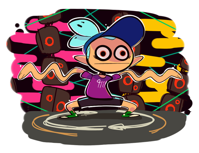 amplifier blue_hair commentary dancing inkling ionicisaac male_focus monster_boy orange_eyes parody ponytail shirt shoes shorts sneakers solo splatoon_(series) splatoon_1 splatoon_2 spongebob_squarepants squatting t-shirt tentacle_hair transparent_background visor_cap wide-eyed