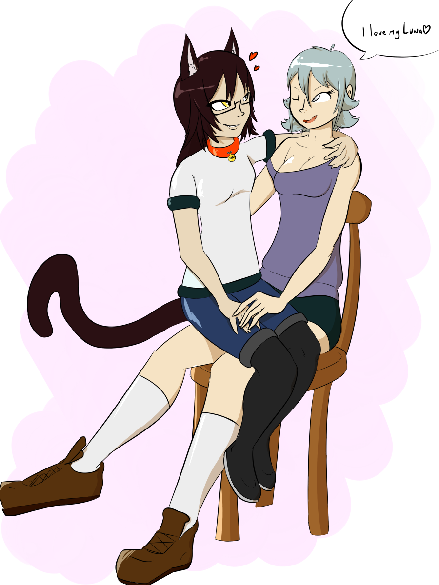 &lt;3 animal_humanoid bell boots brown_hair cat_humanoid chair clothing collar eleison_box eyewear feline female footwear glasses hair human humanoid legwear mammal shirt shoes shorts silver_hair socks t_shirt tank_top thigh_high_boots white_eyes yellow_eyes