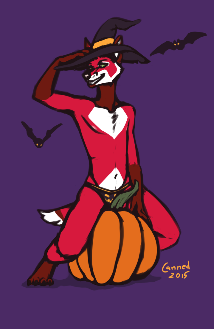 2015 anthro bat canine canned_(artist) clothed clothing fox fur green_eyes halloween hat holidays male mammal navel nipples panties pumpkin purple_background red_fur simple_background solo topless underwear witch_hat