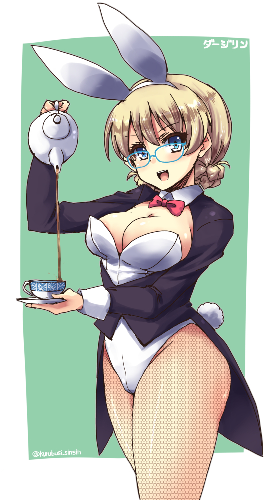 animal_ears bespectacled blonde_hair blue_eyes bow bowtie braid breasts bunny_ears bunny_tail bunnysuit cleavage coattails cup darjeeling detached_collar fishnet_pantyhose fishnets girls_und_panzer glasses jacket large_breasts long_hair open_mouth pantyhose shinshin smile solo standing tail teacup teapot wrist_cuffs