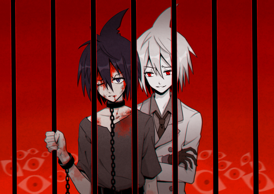 bad_end black_hair blood blood_on_face brothers chain collar majiang multiple_boys one_eye_closed oounabara_to_wadanohara red_background red_eyes samekichi siblings slave spoilers syake_(wadanohara) white_hair