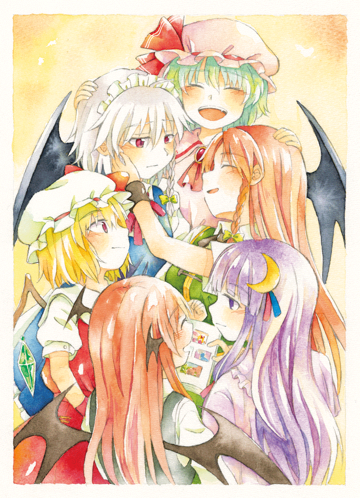 ascot bat_wings blonde_hair blue_hair blush book bow braid brooch closed_eyes commentary_request crescent crescent_hair_ornament fang flandre_scarlet graphite_(medium) hair_bow hair_ornament hand_on_another's_face hand_on_another's_head hat hat_ribbon head_wings hijiki_(hijiri_st) hong_meiling izayoi_sakuya jewelry koakuma long_hair looking_at_another maid_headdress mob_cap multiple_girls neck_ribbon no_hat no_headwear open_mouth patchouli_knowledge puffy_short_sleeves puffy_sleeves purple_eyes purple_hair red_eyes red_hair remilia_scarlet ribbon short_hair short_sleeves silver_hair touhou traditional_media watercolor_(medium) wing_collar wings wristband