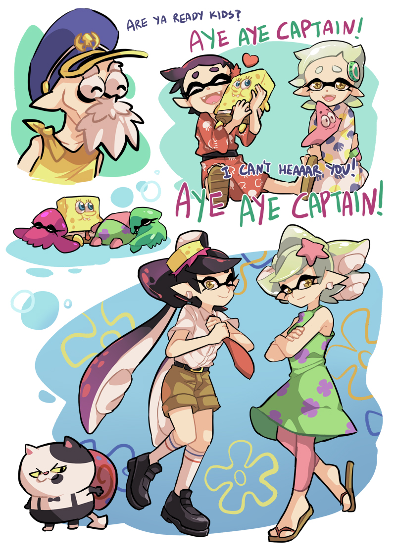2boys 2girls adjusting_clothes adjusting_necktie aori_(splatoon) beard belt black_hair bow buck_teeth cat character_doll closed_eyes commander_atarime cosplay crossed_arms domino_mask dress earrings english facial_hair fangs freckles gary_the_snail hair_bow hotaru_(splatoon) jajji-kun_(splatoon) japanese_clothes jewelry kimono kneehighs leggings looking_at_viewer mask multiple_boys multiple_girls necktie object_on_head old_man open_mouth patrick_star patrick_star_(cosplay) pink_legwear red_neckwear revision sandals shorts shorts_rolled_up sleeping sleeveless smile snail splatoon_(series) spongebob_squarepants spongebob_squarepants_(character) spongebob_squarepants_(character)_(cosplay) squid starfish striped striped_legwear stuffed_toy suction_cups sundress tentacle_hair white_hair wong_ying_chee younger