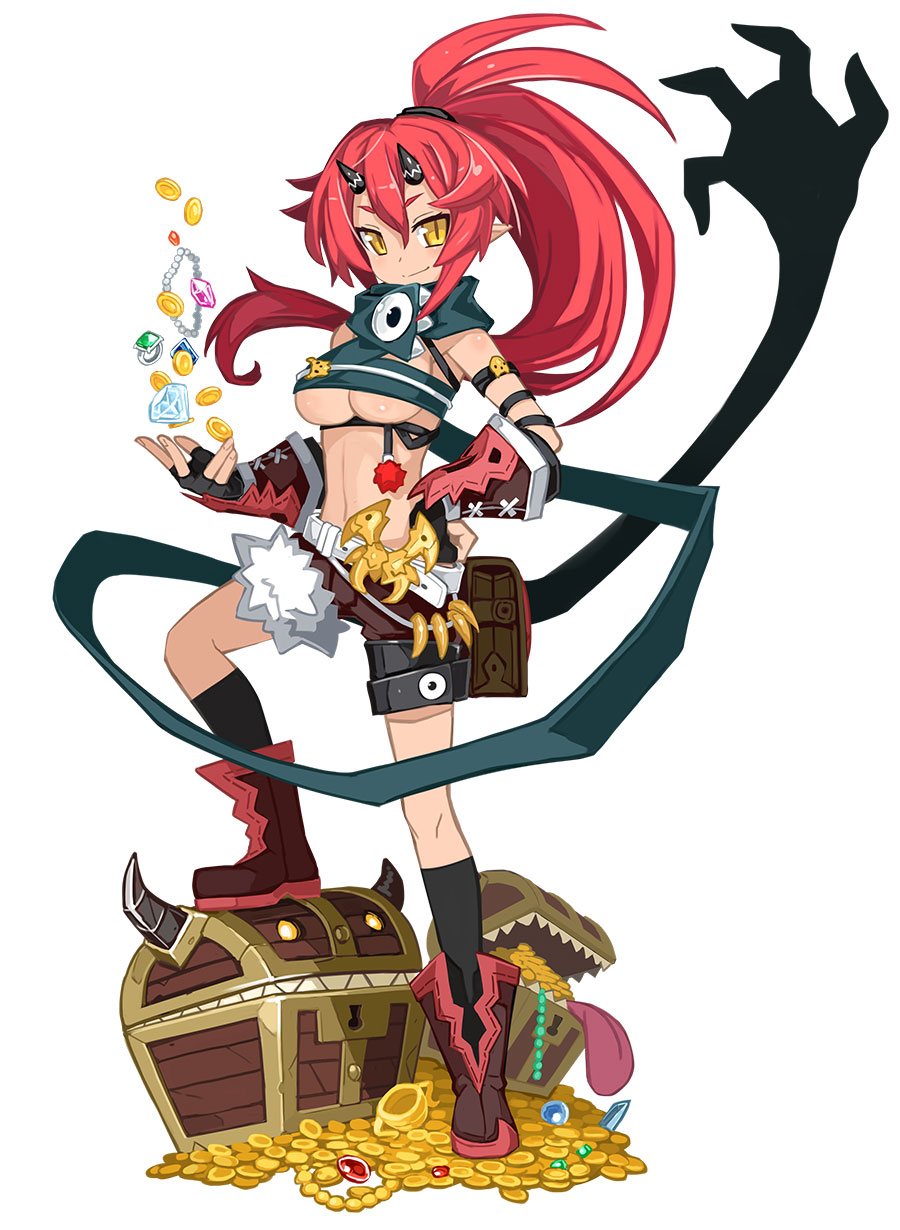 belt black_legwear breasts diamond fingerless_gloves full_body gem gloves hand_on_hip highres horns kneehighs large_breasts long_hair makai_shin_trillion mammon_(makai_shin_trillion) money nanameda_kei official_art ponytail red_hair scarf shoes shorts smile solo treasure_chest underboob white_background yellow_eyes