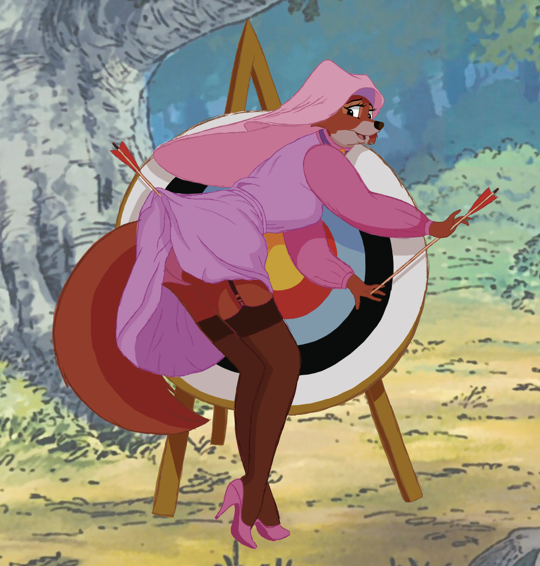 anthro archery arrow canine clothed clothing cocaine-leopard disney dress female footwear forest fox high_heels legwear long_legs maid_marian mammal outside pinup pose robin_hood_(disney) shoes solo standing stockings surprise target tree underwear