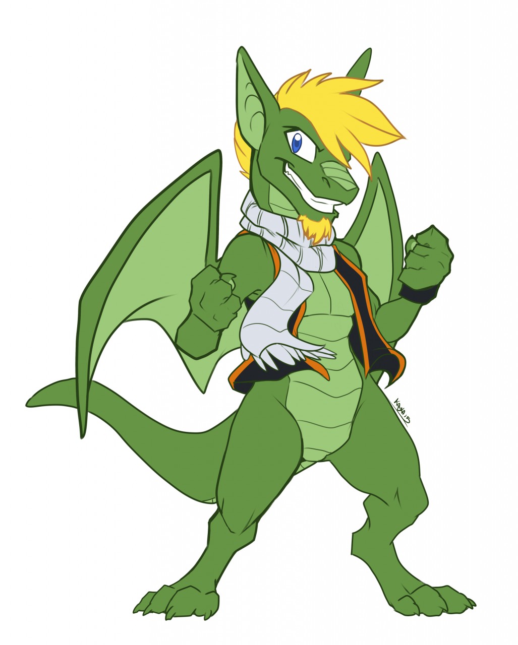 2015 anthro blonde_hair blue_eyes bottomless clothed clothing dragon facial_hair goatee green_scales hair kayla-na looking_at_viewer luketh male membranous_wings scales scalie scarf simple_background solo standing vest white_background wings