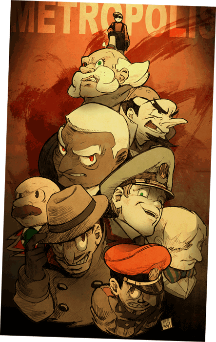 6+boys bow bowtie character_request copyright_name dated facial_hair gloves green_eyes hat metropolis military military_uniform multiple_boys mustache necktie noromi peaked_cap red_eyes rock_(metropolis) sepia sunglasses uniform