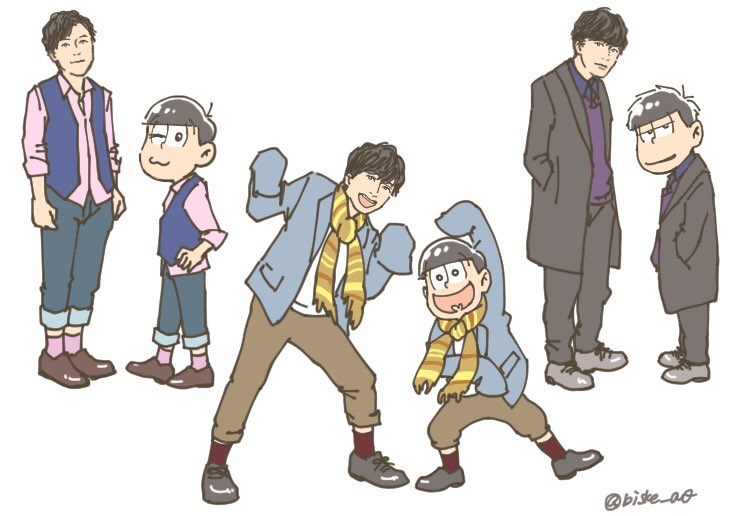;) brothers brown_hair coat fukuyama_jun hands_in_pockets hands_on_hips heart heart_in_mouth irino_miyu kyou_(biske_ao) male_focus matching_outfit matsuno_ichimatsu matsuno_juushimatsu matsuno_todomatsu multiple_boys one_eye_closed ono_daisuke osomatsu-kun osomatsu-san overcoat pants pants_rolled_up pink_shirt real_life real_life_insert scarf seiyuu shirt siblings simple_background sleeves_past_wrists smile twitter_username vest white_background