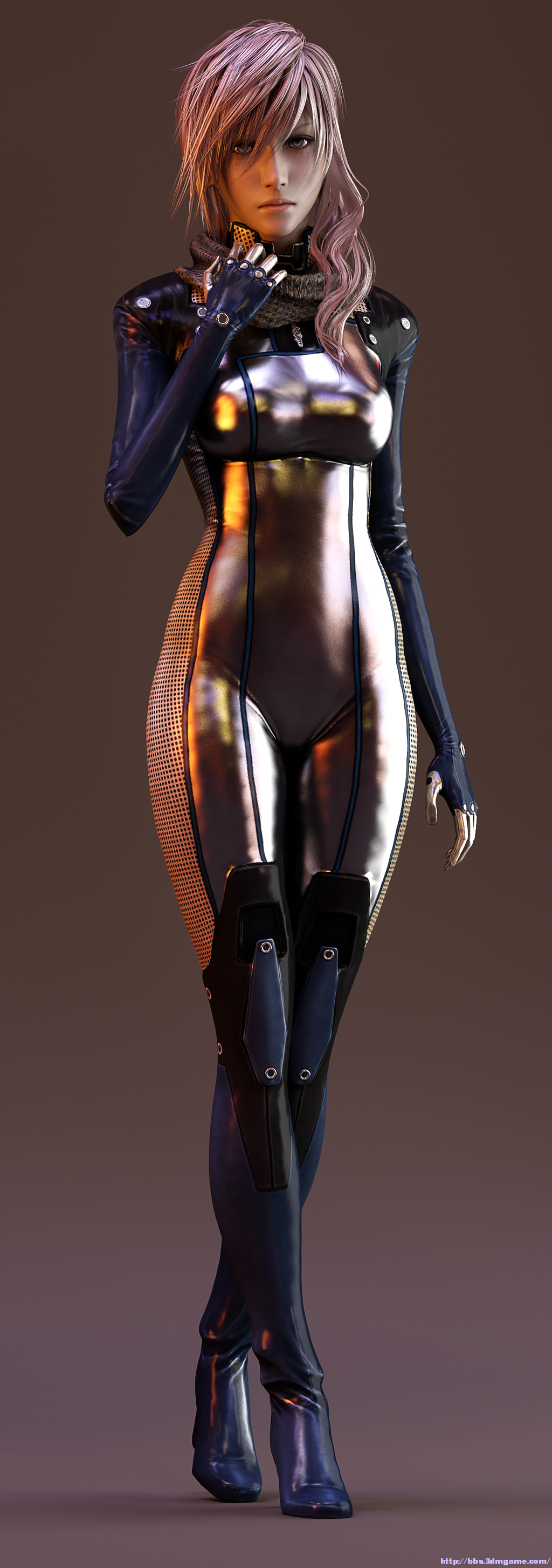 3d absurdres alternate_costume black_footwear black_legwear blue_eyes bodysuit boots breasts chainmail cosplay edi_(mass_effect) final_fantasy final_fantasy_xiii fingerless_gloves gloves highres hips lightning_farron long_hair medium_breasts pink_hair skin_tight solo thigh_boots thighhighs