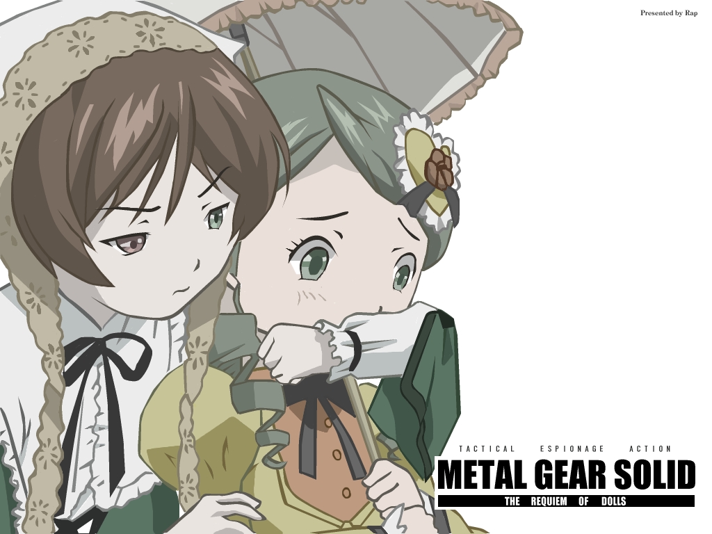 artist_request buttons copyright_name covered_mouth covering_mouth dress expressionless frilled_umbrella frills green_dress green_eyes green_hair hair_ornament head_scarf heart heart_hair_ornament heterochromia kanaria long_sleeves metal_gear_(series) metal_gear_solid multiple_girls parody red_eyes rozen_maiden simple_background suiseiseki umbrella upper_body wallpaper white_background