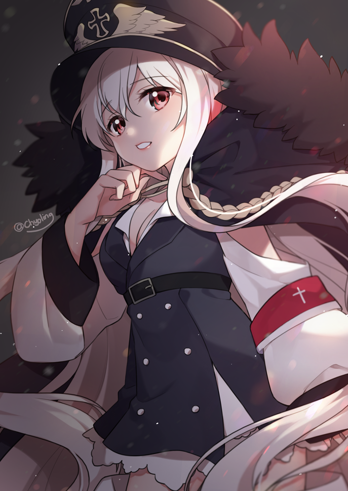 1girl bangs belt belt_buckle black_belt black_dress black_hat breasts buckle chyoling cleavage commentary dress eyebrows_visible_through_hair fur-trimmed_jacket fur_trim girls_frontline hair_between_eyes hat iron_cross jacket kar98k_(girls_frontline) long_hair long_sleeves medium_breasts parted_lips peaked_cap pleated_dress red_eyes sidelocks sleeves_past_wrists solo twitter_username very_long_hair white_hair white_jacket