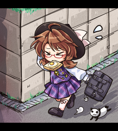 &gt;_&lt; bag brown_hair closed_eyes dress flying_sweatdrops food food_in_mouth glasses hat hat_ribbon long_sleeves lowres mouth_hold ominous_shadow panda pote_(ptkan) purple_dress red-framed_eyewear ribbon running school_bag shirt solo sunny_side_up_egg toast toast_in_mouth touhou usami_sumireko