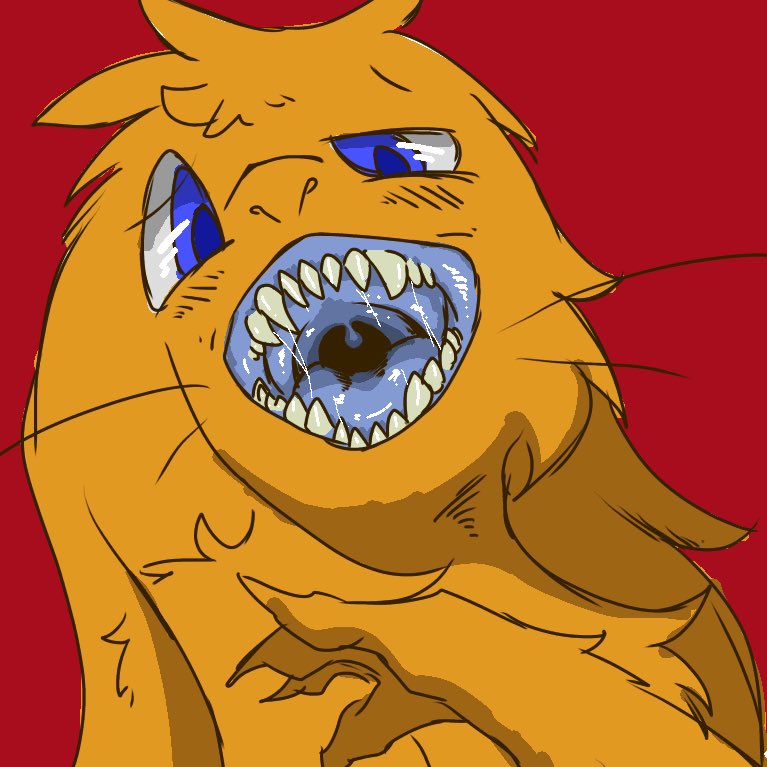 anthro blue_eyes blue_tongue fur misoden_(artist) mouth_shot open_mouth saliva saliva_string sapla_(character) teeth tongue whiskers yellow_fur