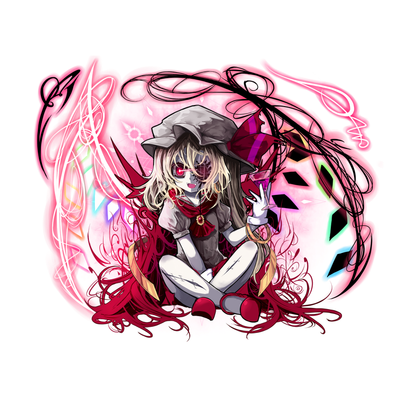 ascot blonde_hair crystal flandre_scarlet full_body hat hat_ribbon laevatein looking_at_viewer mob_cap open_eyes open_mouth puffy_sleeves red_eyes ribbon short_sleeves side_ponytail solo touhou transparent_background vils wings