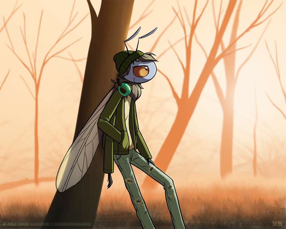 2016 4_arms antennae anthro arthropod beanie clothed clothing detailed_background digital_media_(artwork) fly hair hat headphones insect jacket leaning leaning_back male mothmonarch multi_arm multi_limb outside pants pose silver_stiletto_fly smile solo standing sunset tree watermark wings