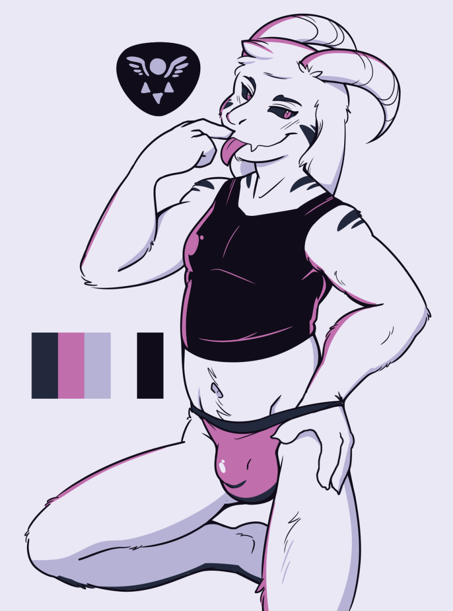 anthro asriel_dreemurr barefoot black_sclera bulge caprine clothing color_swatch finger_to_mouth goat horn looking_at_viewer male mammal midriff navel on_one_knee purple_theme restricted_palette solo standing thong tight_clothing tongue tongue_out tonio_(artist) undertale underwear_pull video_games young