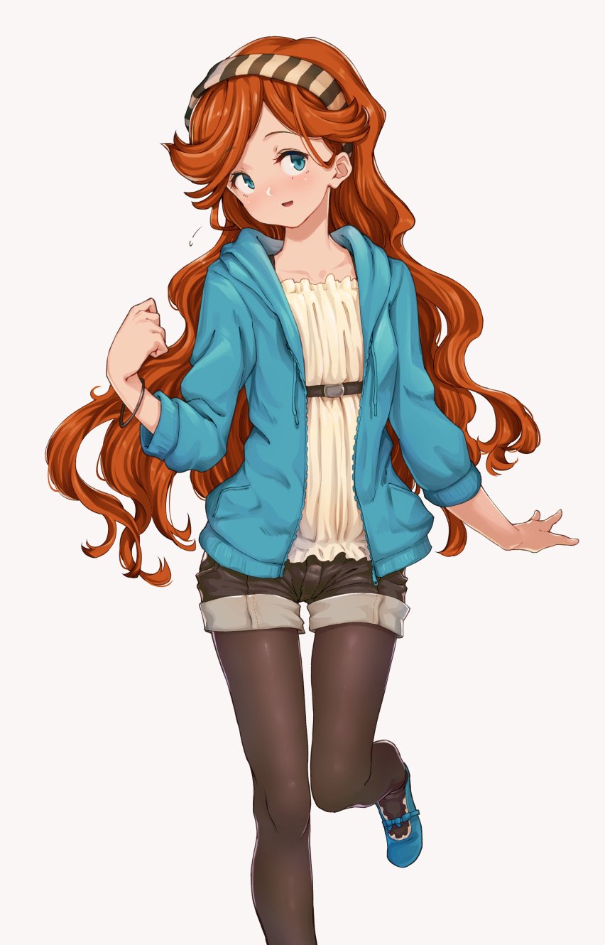 aya_shachou black_legwear blue_eyes blush bracelet casual contemporary granblue_fantasy hairband highres hood hooded_jacket jacket jewelry legwear_under_shorts long_hair looking_at_viewer open_mouth orange_hair pantyhose pantyhose_under_shorts pigeon-toed sara_(granblue_fantasy) short_shorts shorts smile solo standing standing_on_one_leg wrist_extended wrist_flexed