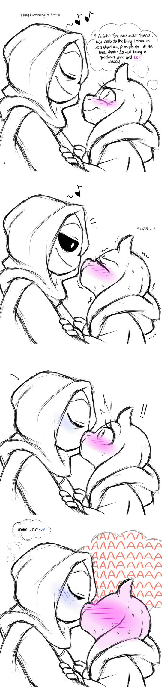 animated_skeleton blush bone caprine clothed clothing comic english_text friisans goat hoodie horn kissing male mammal robes sans_(undertale) skeleton skull smile sweat switchtale text toriel undead undertale video_games