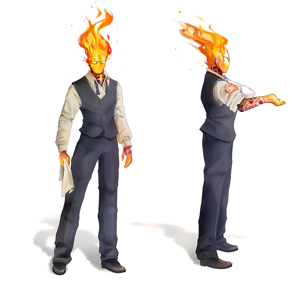 1boy bow bowtie character_sheet collared_shirt elemental_(creature) flame glasses grillby jazzycat napkin pants rolling_sleeves_up shadow shirt shoes signature simple_background solo undertale untied vest white_background