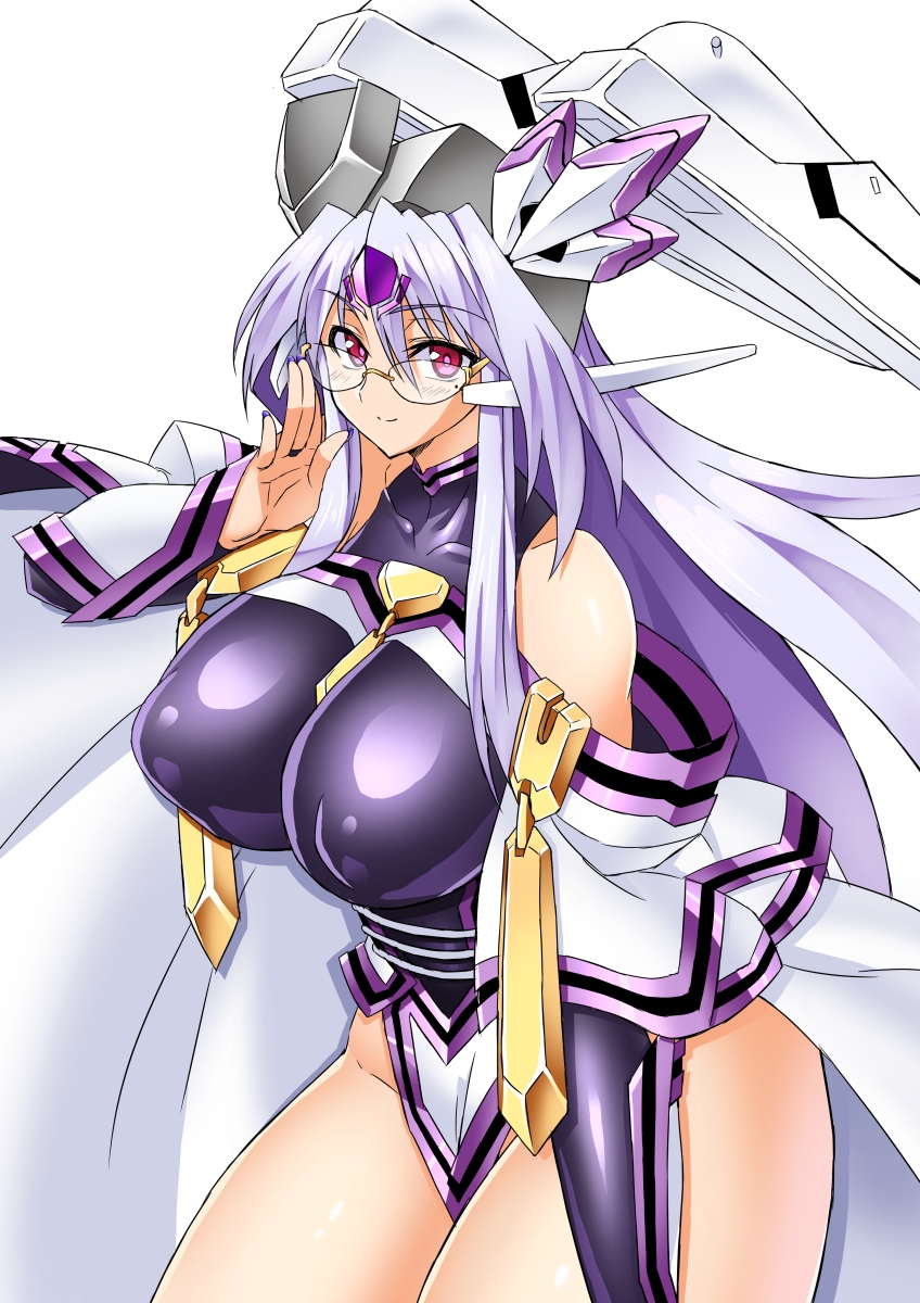 1girl adjusting_glasses bare_shoulders bnc_(bunshi) breasts character_request collarbone covered_nipples cowboy_shot detached_sleeves erect_nipples glasses headgear highres huge_breasts lavender_hair leotard long_hair looking_at_viewer mole mole_under_eye orichalcum_reycal red_eyes rimless_glasses smile solo thick_thighs thighs very_long_hair white_hair