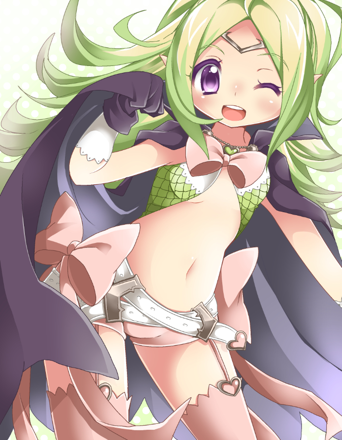 1girl bow cape fire_emblem fire_emblem:_kakusei flat_chest garter_straps gloves green_hair momosemocha nono_(fire_emblem) one_eye_closed pink_legwear pointy_ears purple_eyes shorts solo thighhighs