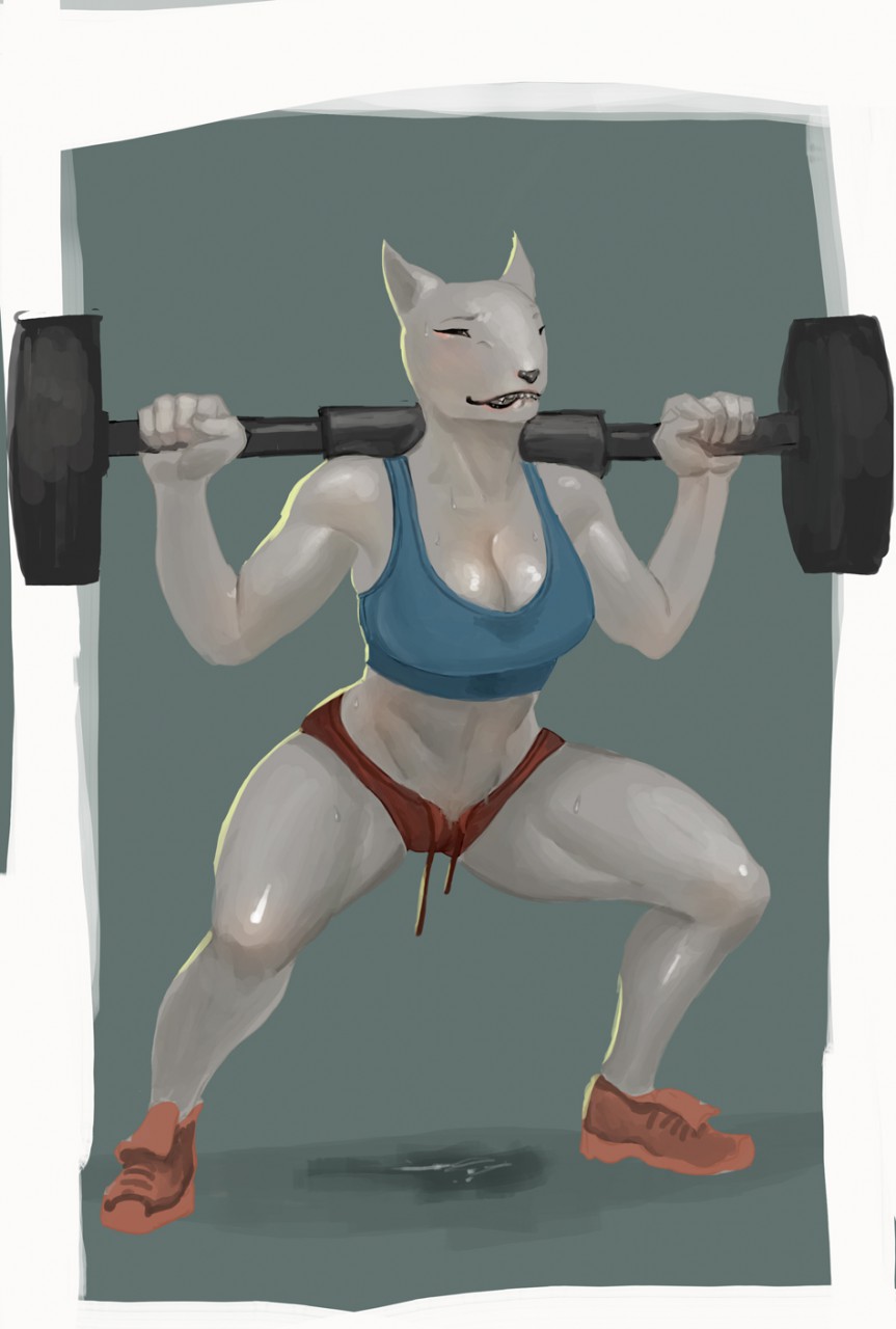 2016 abs anthro big_breasts biting_lip black_nose bra breasts canine cleavage clothed clothing crouching dog exercise female footwear fur grey_background hawkilla hi_res holly_(character) mammal puddle shoes shorts simple_background solo sports_bra spread_legs spreading sweat teeth underwear weights white_background white_fur