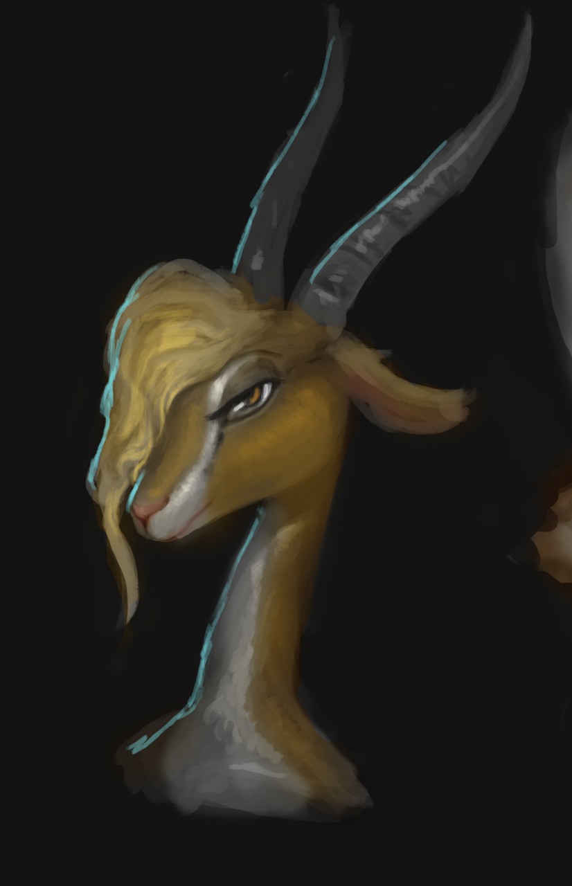 2016 antelope anthro black_background black_horn blonde_hair brown_eyes brown_fur disney female fur gazelle gazelle_(zootopia) hair half-closed_eyes hawkilla head_portrait hi_res horn long_hair looking_at_viewer mammal nude pink_nose simple_background solo white_fur zootopia