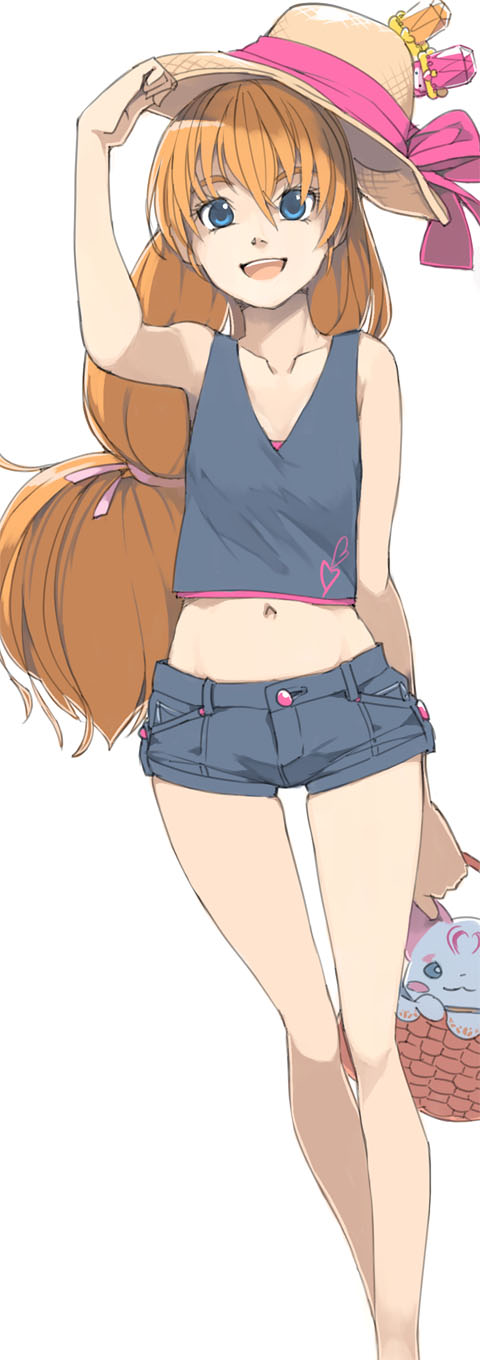1girl :d akinbo_(hyouka_fuyou) blue_eyes collarbone denim denim_shorts hat highres houjou_hibiki hummy_(suite_precure) long_hair looking_at_viewer midriff navel open_mouth orange_hair precure shorts simple_background smile straw_hat suite_precure teeth thigh_gap white_background