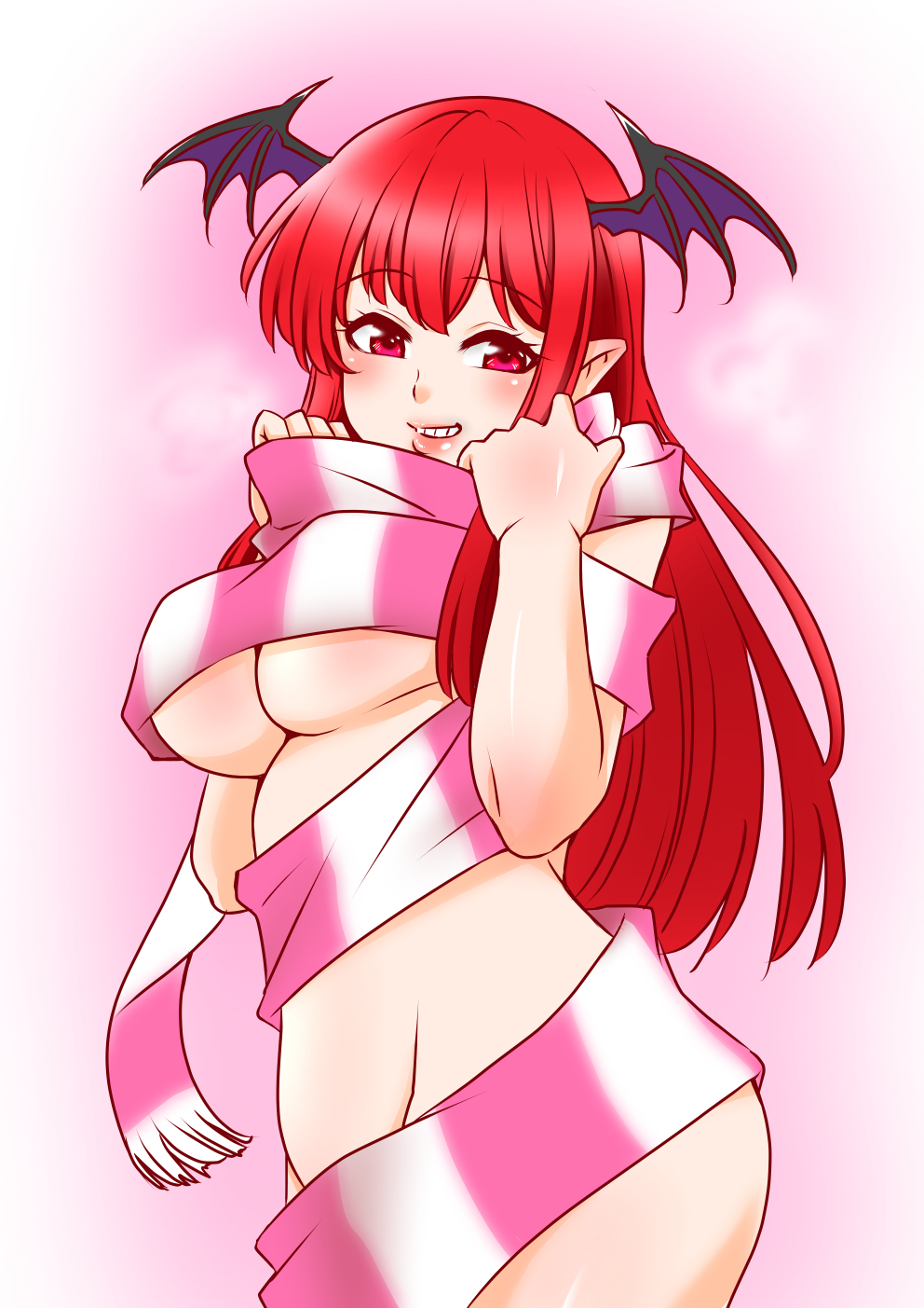 1girl blush breasts grin head_wings highres koakuma large_breasts long_hair looking_at_viewer naked_scarf pink_background pink_scarf pointy_ears red_eyes red_hair scarf shiraue_yuu smile solo touhou underboob