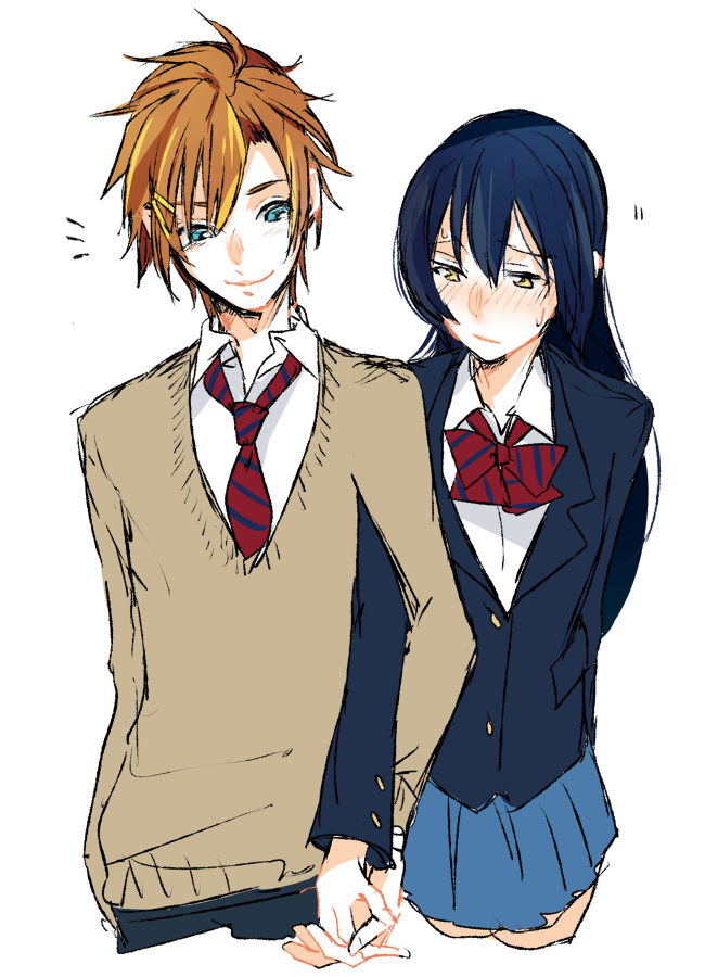 1girl blush ftm genderswap genderswap_(ftm) hair_ornament hairclip hand_holding holding_hands interlocked_fingers kousaka_honoka love_live!_school_idol_project school_uniform smile sofy sonoda_umi sweatdrop