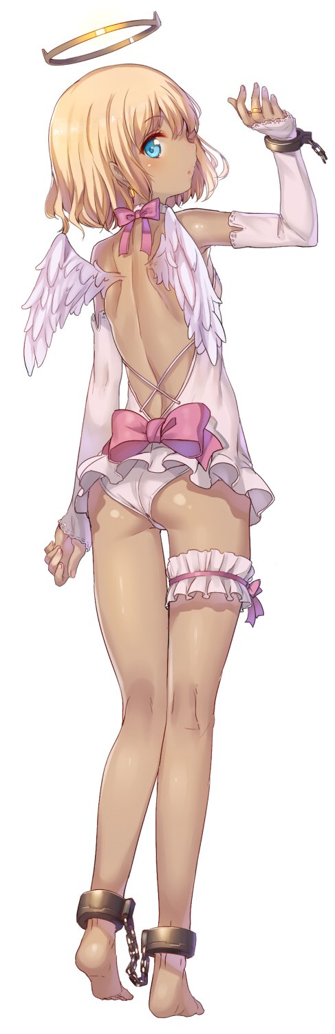 1girl ass back barefoot blonde_hair blue_eyes chain chains cuffs dark_skin detached_sleeves earrings feathered_wings from_behind full_body halo highres jewelry leg_garter looking_back manacles mokyu_(kukoudesu) parted_lips shiny shiny_skin short_hair simple_background small_breasts solo thigh_gap white_background wings
