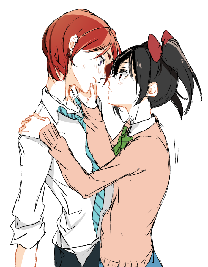 1girl eye_contact ftm genderswap genderswap_(ftm) hand_on_another's_chin hand_on_another's_shoulder hand_on_another's_chin hand_on_another's_shoulder looking_at_another love_live!_school_idol_project necktie nishikino_maki school_uniform sofy white_background yazawa_nico