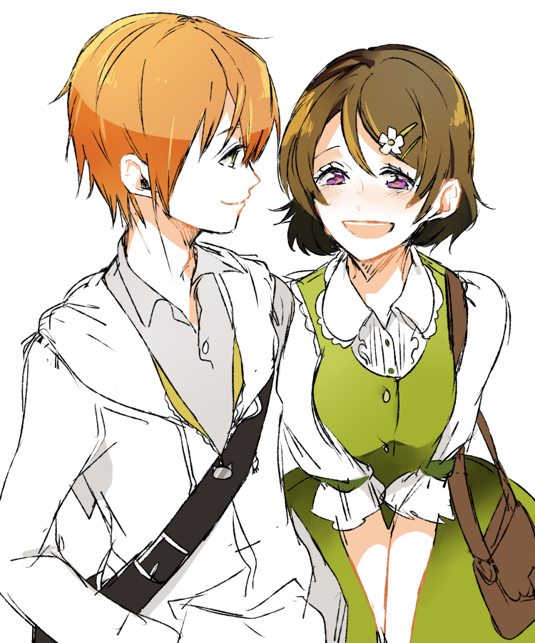 1girl :d bag blush dress ftm genderswap genderswap_(ftm) hoshizora_rin koizumi_hanayo love_live!_school_idol_project open_mouth shoulder_bag smile sofy