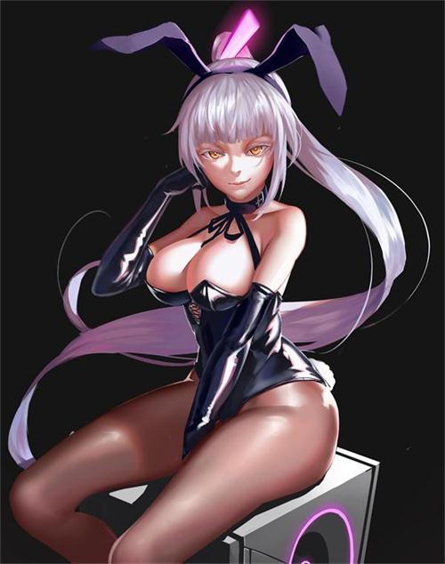 1girl animal_ears breasts bunny_ears bunny_girl bunny_tail bunnysuit cleavage collar elbow_gloves gloves leotard long_hair mr_cloud original pantyhose ponytail silver_hair solo tail yellow_eyes