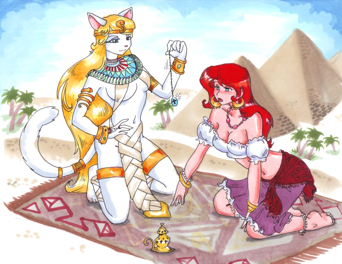 blonde_hair breasts cleavage clothed clothing domestic_cat egyptian egyptian_clothing felid feline felis female fur gypsy hair human hypnosis jewelry kneeling loincloth mammal midriff mind_control palm_tree pendulum pyramid red_hair sand skimpy sue-chan_(artist) traditional_media_(artwork) tree usekh white_fur