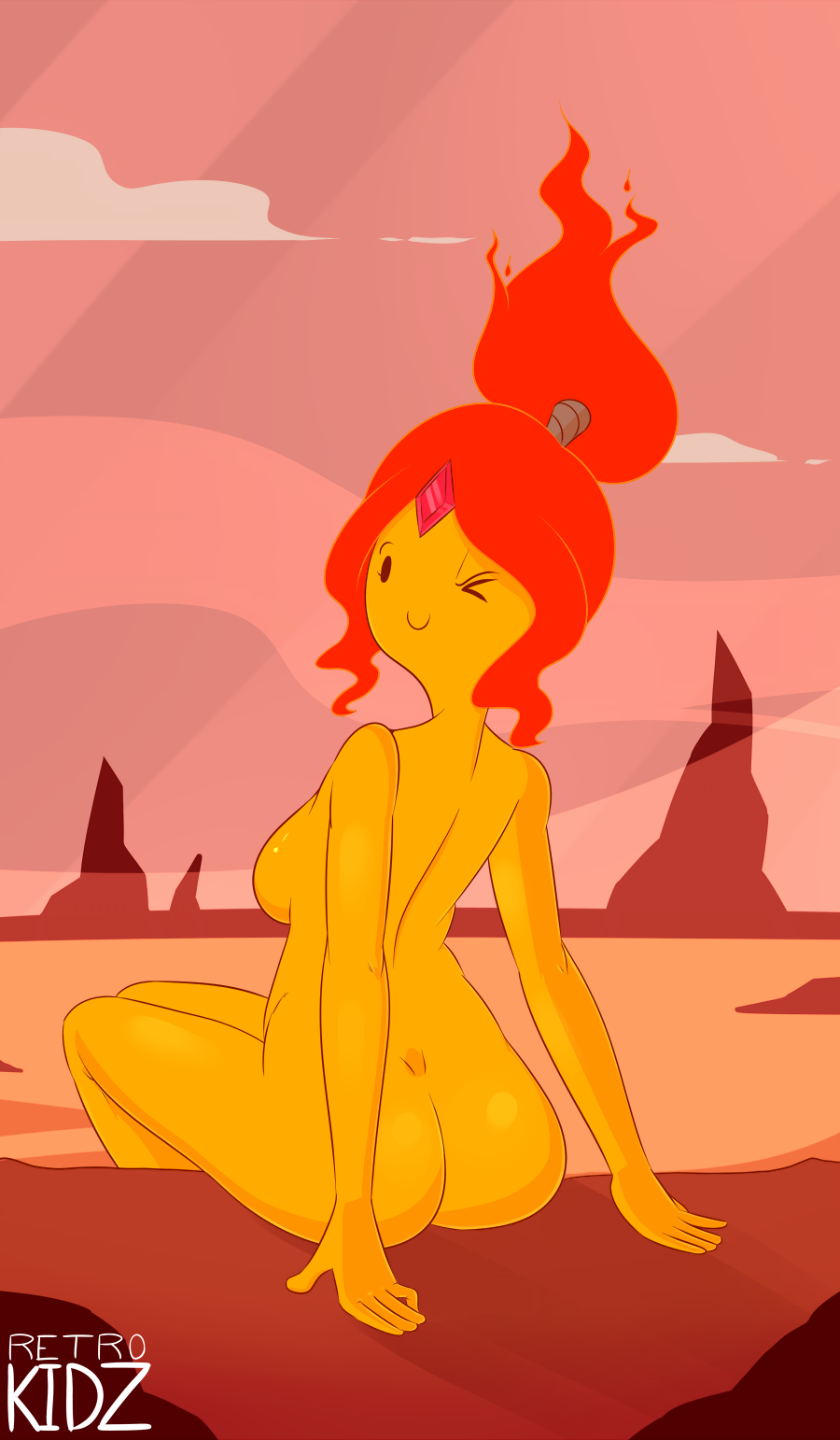 adventure_time black_eyes blush breasts butt elemental female fiery_hair fire_elemental flame_princess forehead_jewel hair looking_at_viewer looking_back not_furry one_eye_closed outside ponytail retrokidz short_hair side_boob sitting solo wink yellow_skin