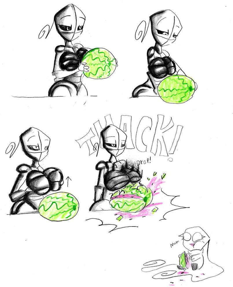 3_fingers albino alien anonymousinvader24 antennae big_breasts breasts fan_character female food fruit girth humanoid invader_zim irken machine melon multiple_scenes robot solo standing traditional_media_(artwork) watercolor_(artwork) watermelon