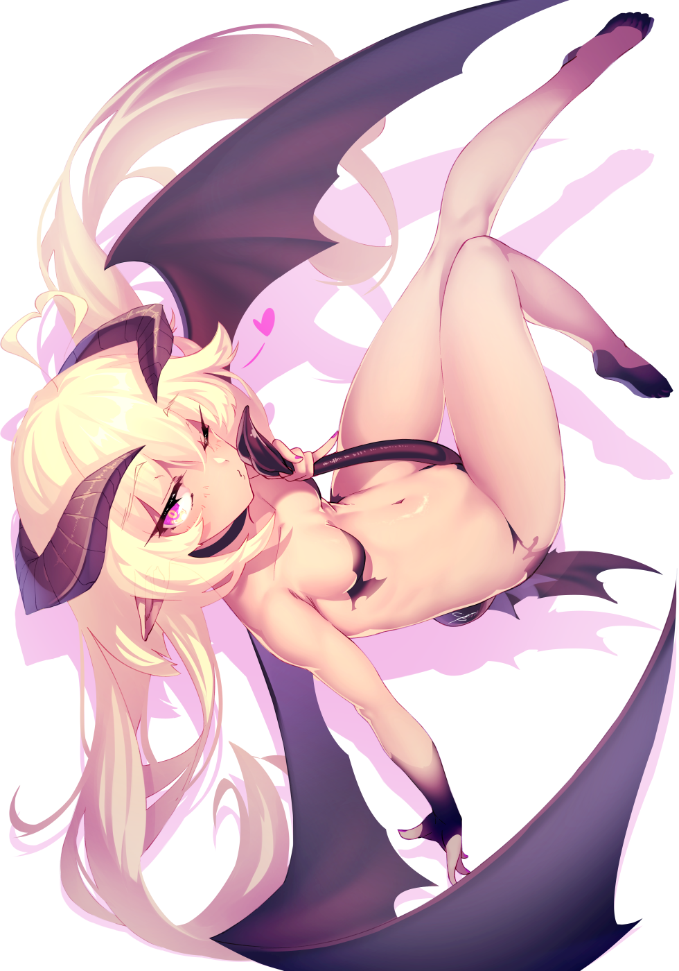 1girl ahoge bangs bare_legs bare_shoulders between_legs black_gloves blonde_hair breasts choker commentary_request demon_girl demon_horns demon_tail demon_wings dev eyebrows_visible_through_hair fingerless_gloves flats gloves heart heart_ahoge highres horns long_hair looking_at_viewer making_of nail_polish navel one_eye_closed original pink_eyes pinky_out pointy_ears purple_eyes revealing_clothes revision single_glove small_breasts solo succubus tail tail_between_legs tail_grab upside-down wings
